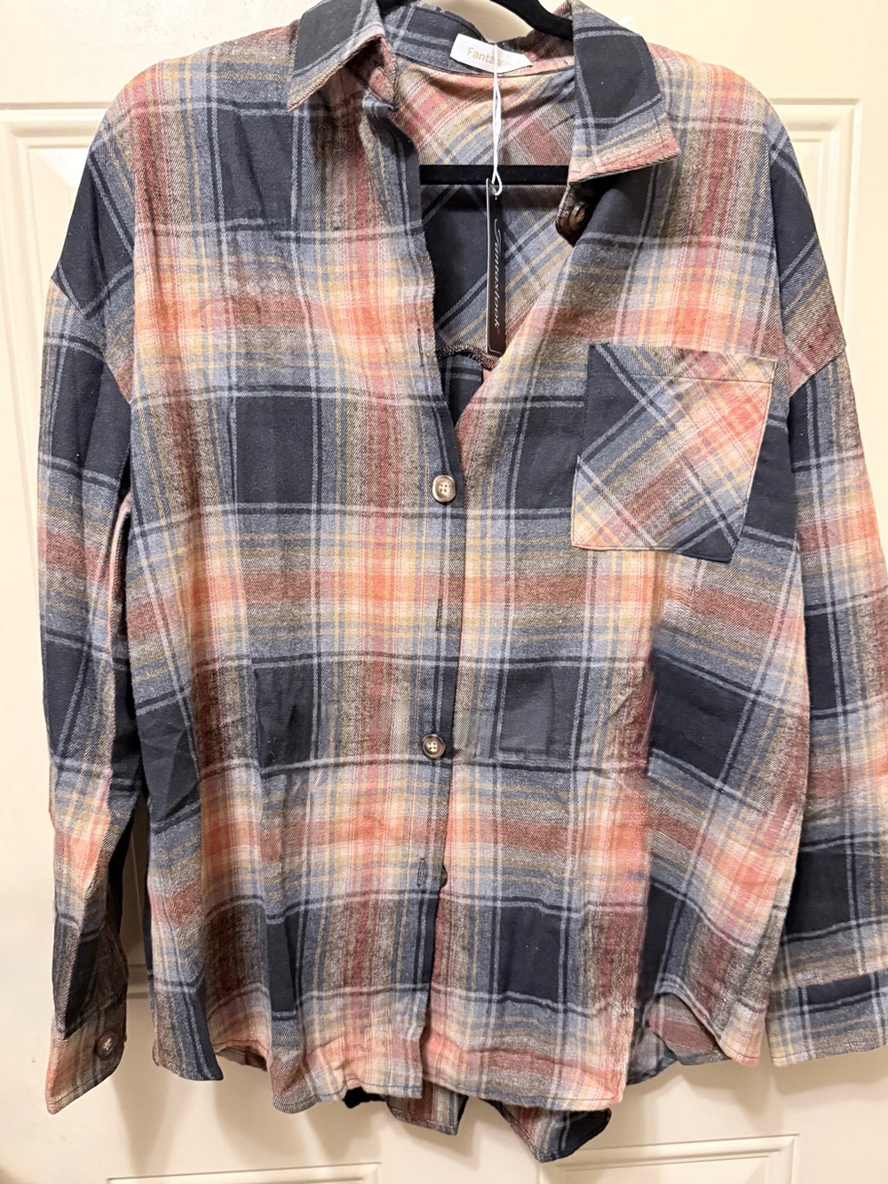 Fantaslook Plaid Flannel Button-Down Shirt in Black Beige and Orange Size Large